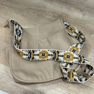 AHDORNED Vegan Tan Pebble grain crossbody purse + Embroidered Aztec print Strap
